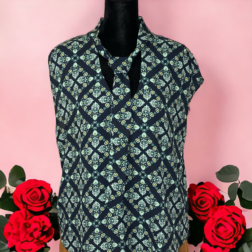 Loft Navy Blue w/ Green, White and Yellow patterned Top